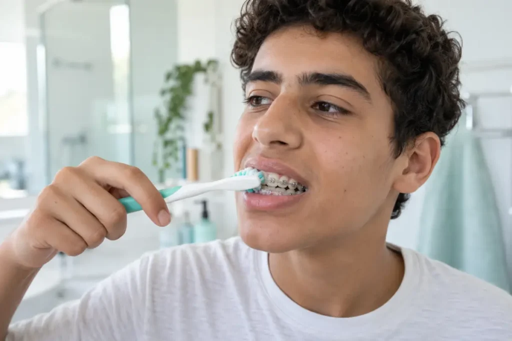 adolescent avec brackets se brossant les dents