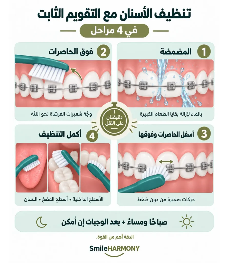 infographie en langue arabe illustrant le brossage dentaire sur brackets