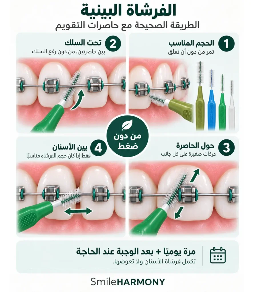 infographie en langue arabe expliquant l'utilisation de brossette interdentaires sur brackets