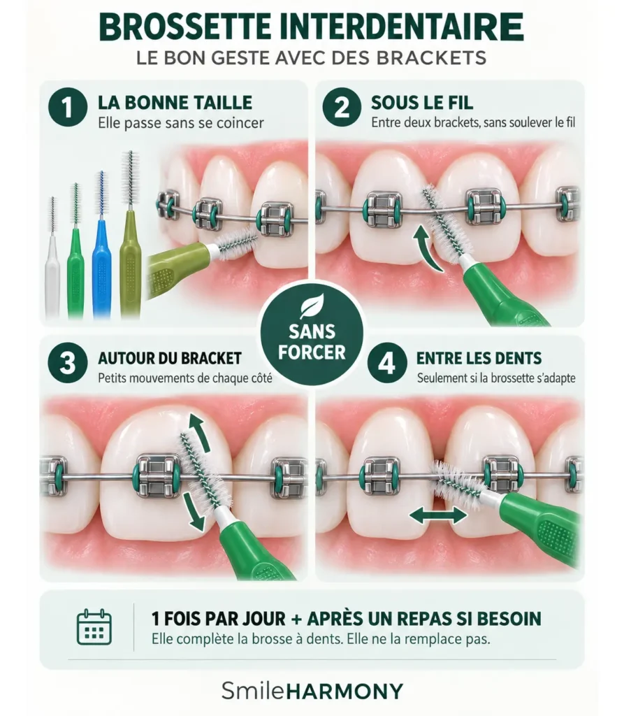 illustration de l'utilisation des brossettes interdentaires sur les brackets