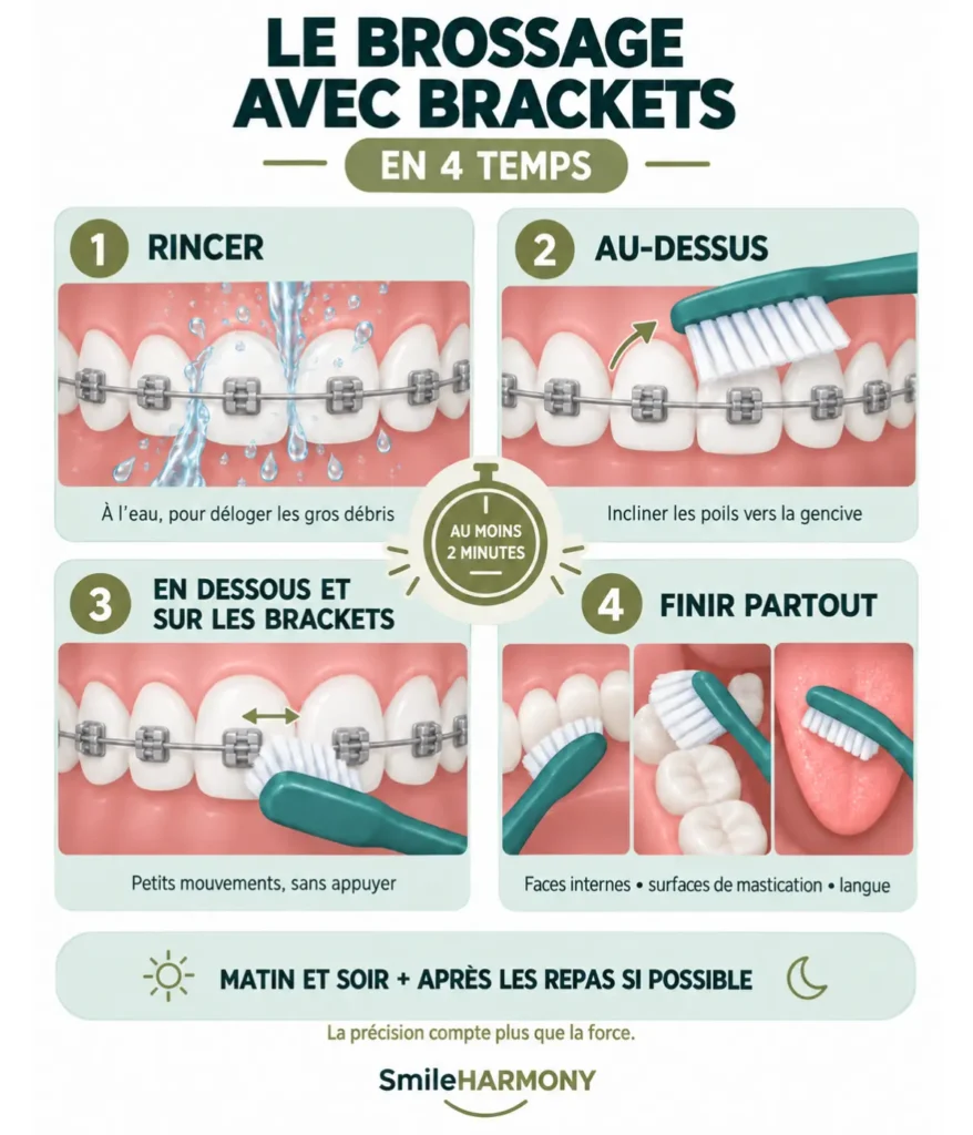infographie illustrant le brossage dentaire avec brackets