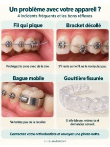 infographie en langue française représentant les incidents pouvant survenir avec un appareil dentaire