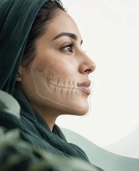 illustrations des structures osseuses et tissus sur un profil de jeune femme